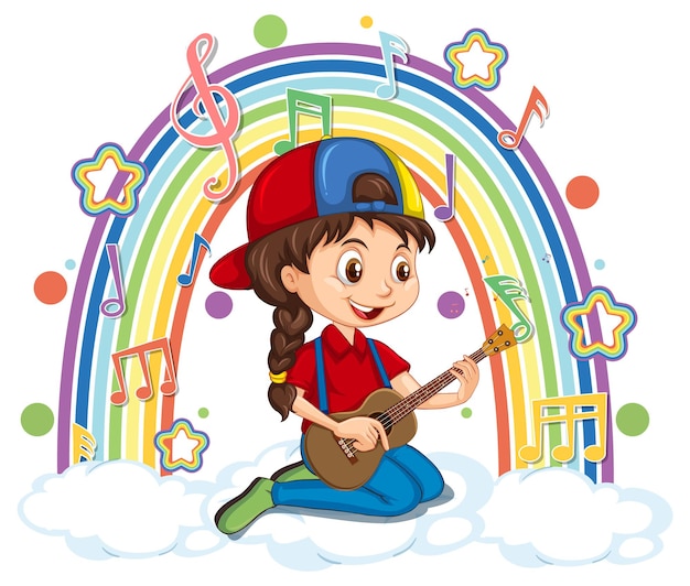 Chica tocando la guitarra en la nube con arco iris