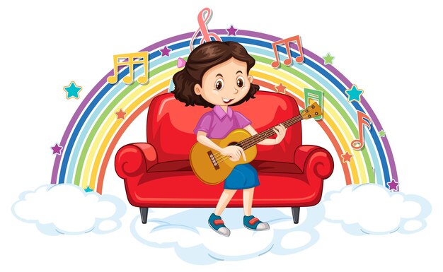 Chica tocando la guitarra con símbolos de melodía en arco iris