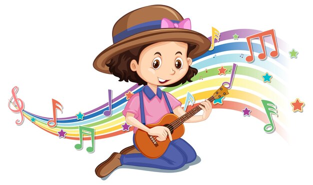 Chica tocando la guitarra con símbolos de melodía en la onda del arco iris