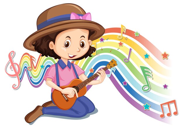 Chica tocando la guitarra con símbolos de melodía en la onda del arco iris