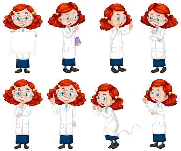 Chica en traje de ciencia haciendo diferentes poses