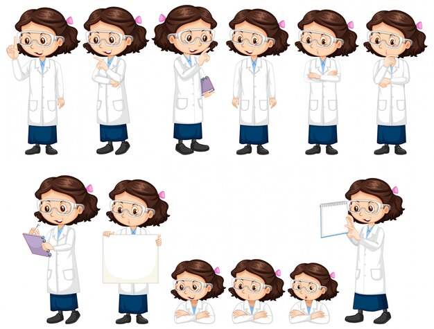 Chica en traje de ciencia haciendo diferentes poses