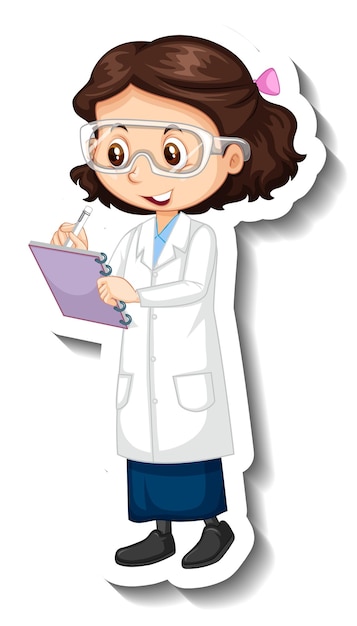 Vector gratuito chica con traje de científico pegatina de personaje de dibujos animados