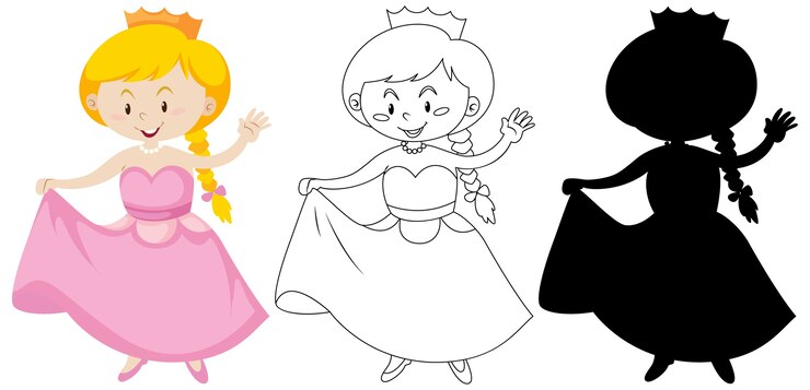 Vector gratuito chica en traje de princesa en color y contorno y silueta