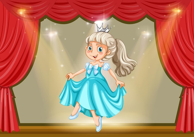 Chica en traje de princesa en el escenario.