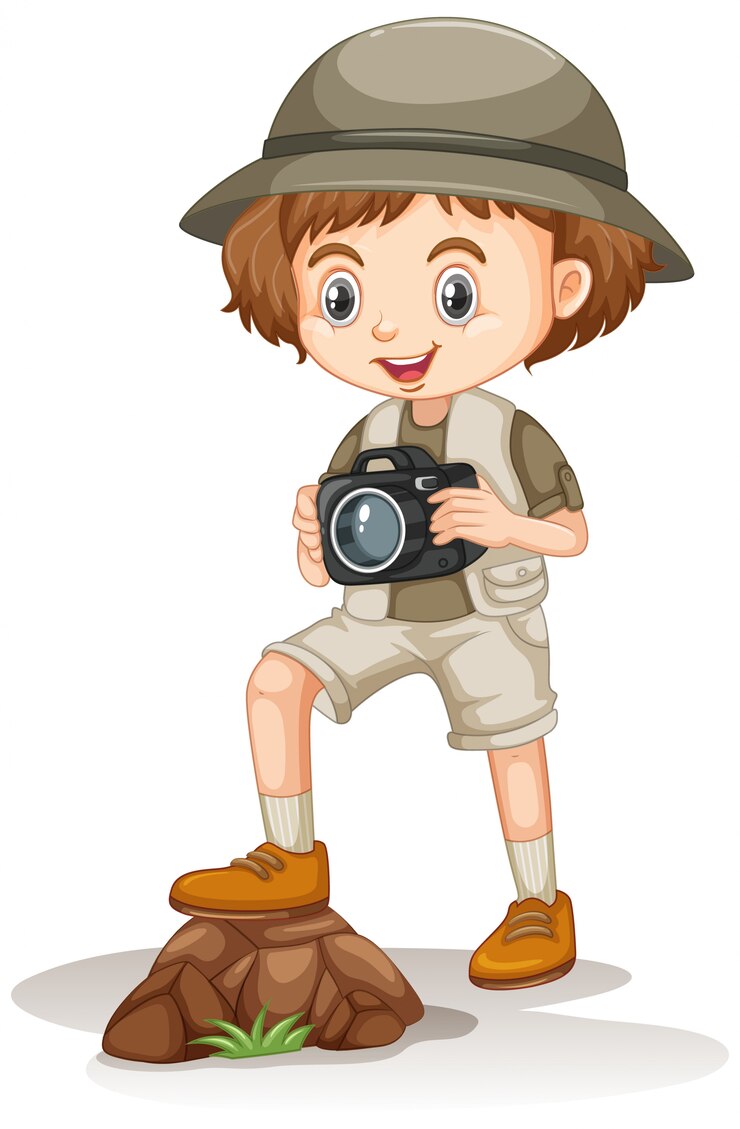 Vector gratuito chica en traje de safari con cámara en blanco