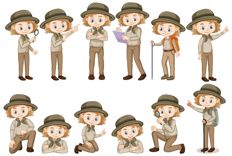 Vector gratuito chica en traje de safari haciendo cosas diferentes