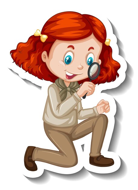 Chica en traje de safari con lupa pegatina de personaje de dibujos animados
