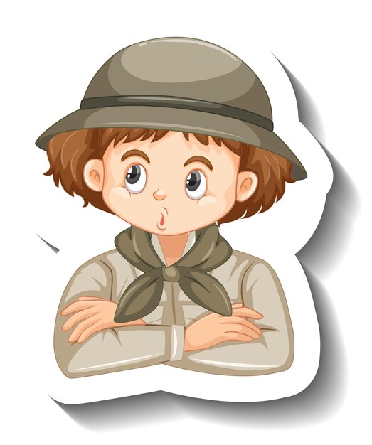 Vector gratuito chica con traje de safari pegatina de personaje de dibujos animados