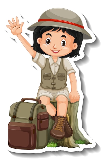 Chica en traje de safari pegatina de personaje de dibujos animados