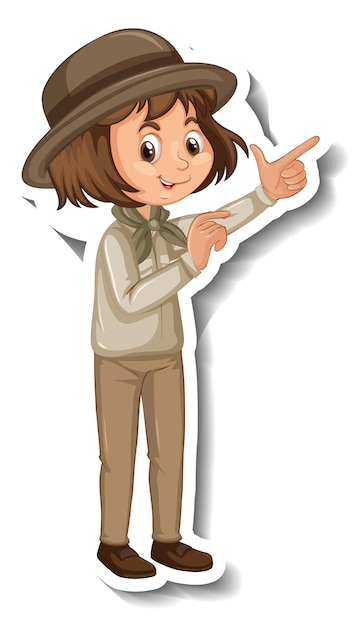 Vector gratuito chica en traje de safari pegatina de personaje de dibujos animados