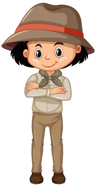 Chica en traje de safari de pie en blanco