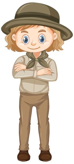 Chica en traje de safari sobre fondo blanco.