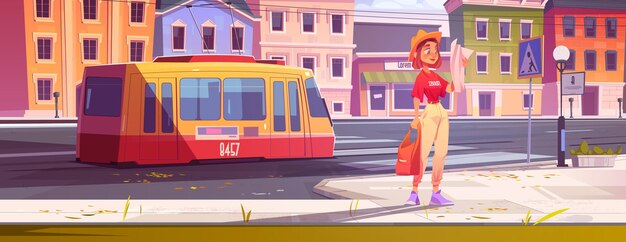 Chica turista con bolsa y mapa en las calles de la ciudad