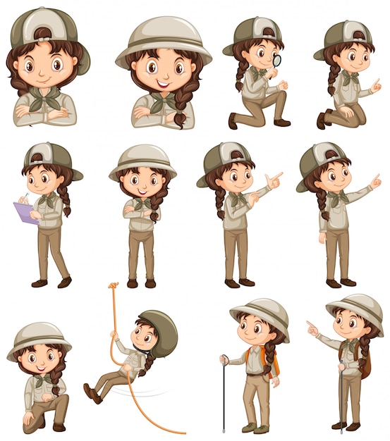 Vector gratuito chica en uniforme de safari haciendo diferentes actividades