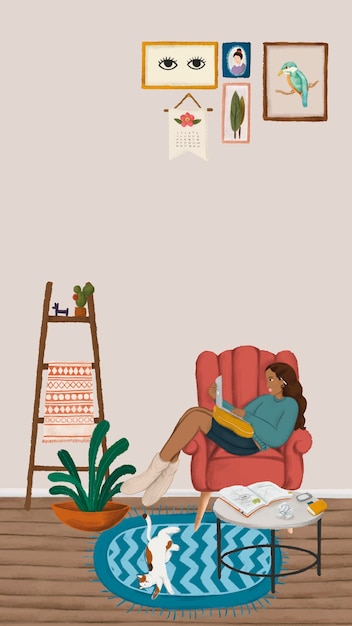 Chica usando una computadora portátil en un vector de fondo de pantalla de teléfono móvil de estilo de dibujo de sofá rojo