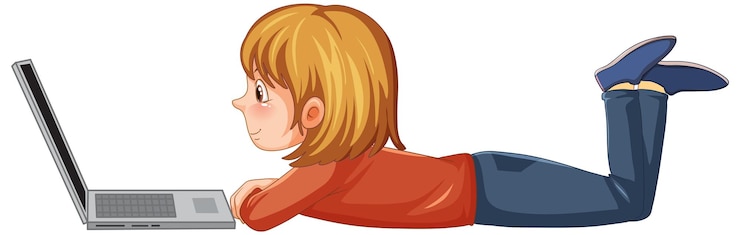 Vector gratuito una chica usando dibujos animados de laptop