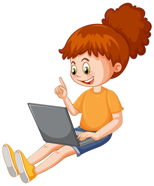 Vector gratuito una chica usando dibujos animados de laptop