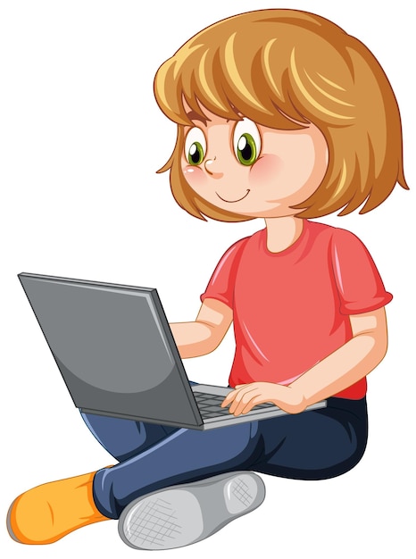 Una chica usando dibujos animados de laptop