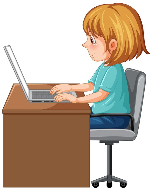 Una chica usando dibujos animados de laptop