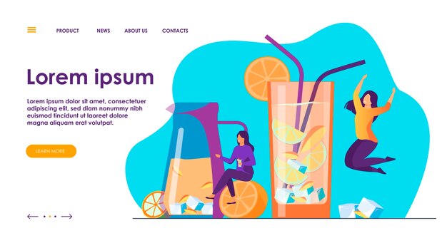 Chicas felices bebiendo limonada fresca. Mujer joven disfrutando de cócteles, divirtiéndose cerca de vasos con bebidas frías de frutas y pajitas. Ilustración de vector de celebración, verano, concepto de fiesta