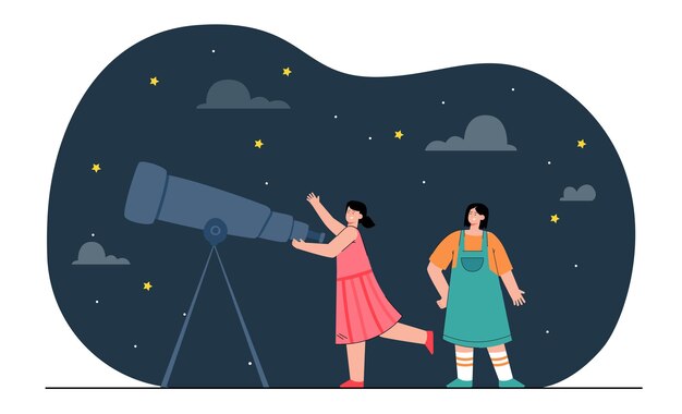 Chicas felices mirando estrellas a través del telescopio. Gente de sexo femenino que estudia la ilustración plana de la astronomía