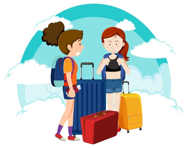 Chicas felices viajan tema de vacaciones con mochila