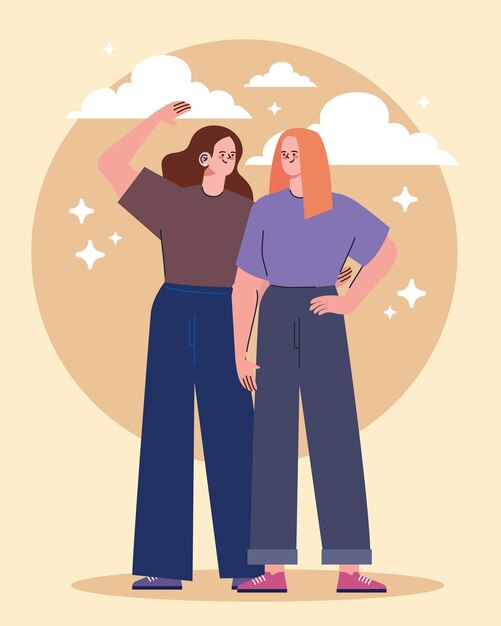 Chicas pareja amigos con nubes