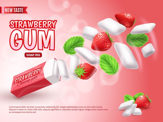 Chicle con fresa y hojas verdes en composición de publicidad degradado rojo borrosa realista
