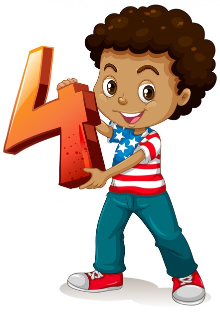 Chico americano sosteniendo matemáticas número cuatro