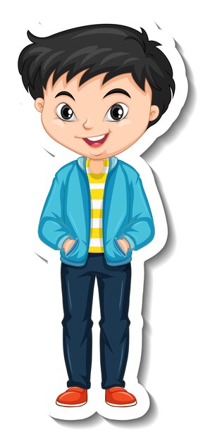 Chico asiático con chaqueta de personaje de dibujos animados pegatina