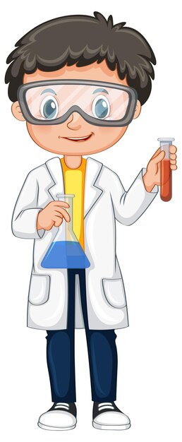 Chico en bata de ciencia con vasos de precipitados
