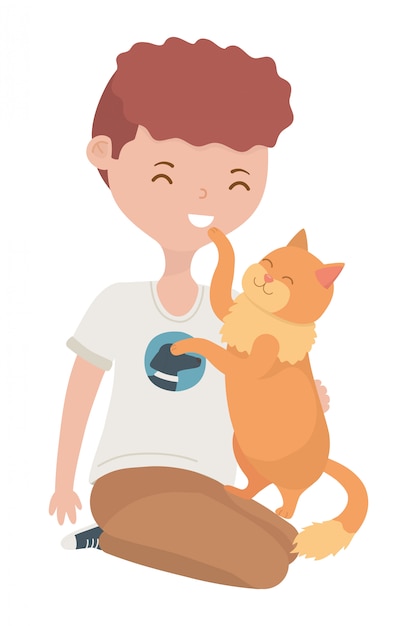 Chico con gato de dibujos animados