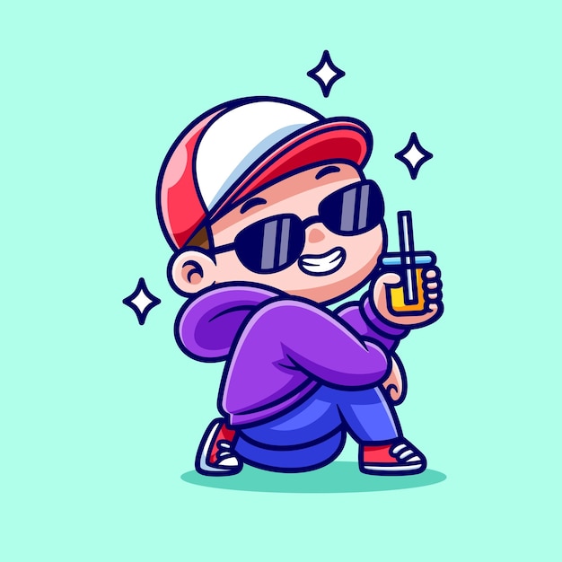 Chico guapo con capucha y gorra Bebe jugo dibujos animados Icono vectorial Ilustración Gente Moda