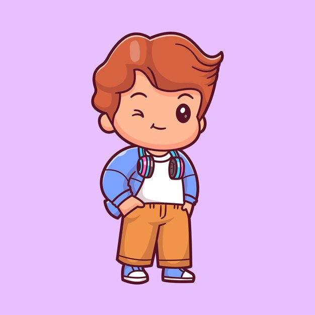 Chico guapo escuchando música con auriculares icono vectorial de dibujos animados Ilustración de personas Música aislada