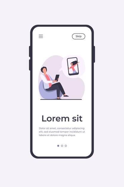 Chico joven sentado en una silla y charlando con la chica. Smartphone, fecha, amigo ilustración vectorial plana. Plantilla de aplicación móvil de concepto de tecnología digital y comunicación