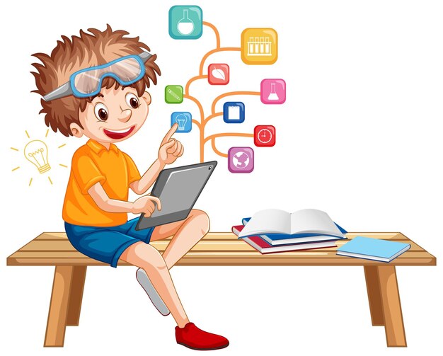 Chico joven con tableta con iconos de educación