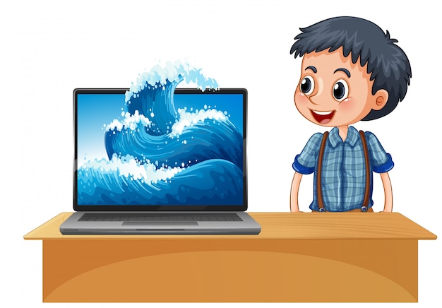 Chico junto a la computadora portátil con onda en el fondo de la pantalla