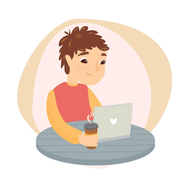 Vector gratuito chico con laptop y taza de café