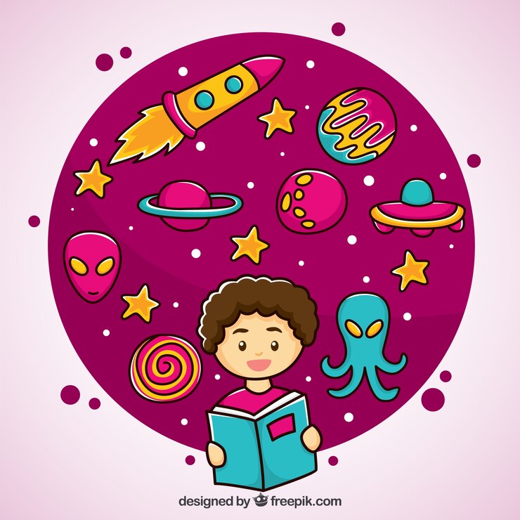 Vector gratuito chico con un libro del espacio dibujado a mano