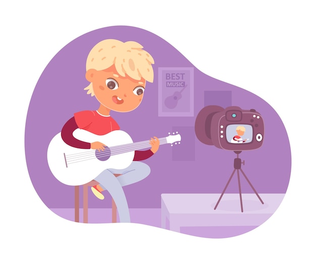 Un chico lindo cantando una canción tocando la guitarra disparando un blog de video usando la cámara un niño pequeño influyente estrella de la música infantil disfrutando del sonido acústico en la transmisión en vivo por internet