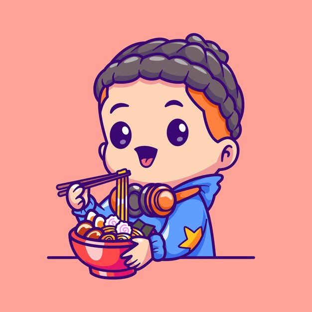 Chico lindo comiendo fideos Ramen con palillos de comedor Icono vectorial de dibujos animados Ilustración de comida Música aislada