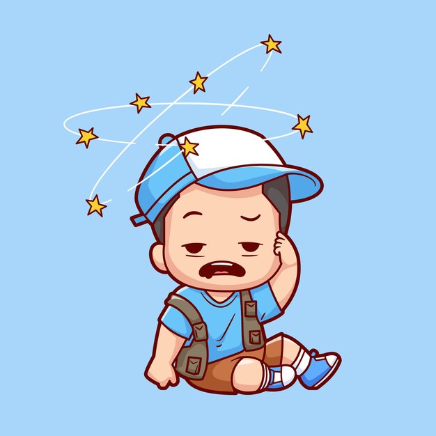 Chico lindo dolor de cabeza icono vectorial de dibujos animados ilustración gente icono de la naturaleza vector plano aislado