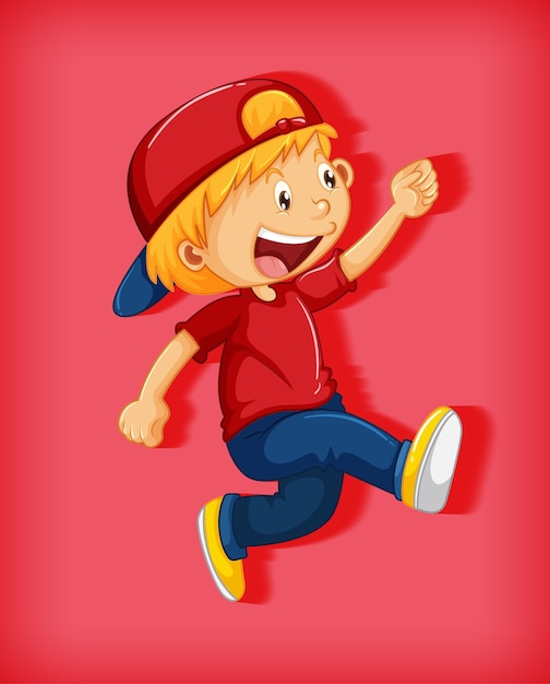 Chico lindo con gorra roja con dominio absoluto en posición de caminar personaje de dibujos animados aislado sobre fondo rojo.