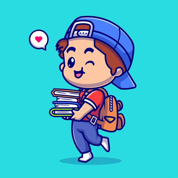 Chico lindo ir a la escuela y traer una ilustración de icono de Vector de dibujos animados de libros. Concepto de icono de educación de personas aislado Vector Premium. Estilo de dibujos animados plana