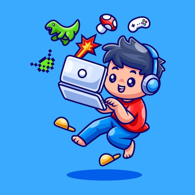 Chico lindo jugando al juego en la computadora portátil dibujos animados icono vectorial ilustración gente tecnología aislada plana