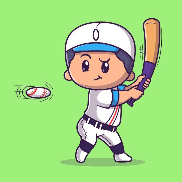 Chico lindo jugando béisbol dibujos animados Vector icono ilustración. Concepto de icono de deporte de personas aislado Vector Premium. Estilo de dibujos animados plana