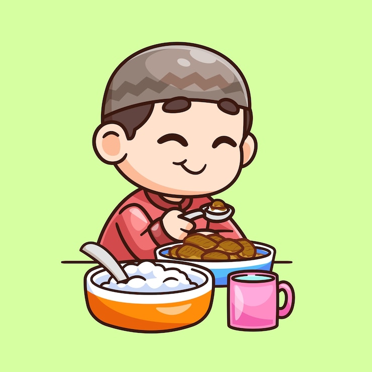 Vector gratuito chico lindo musulmán comiendo icono vectorial de dibujos animados ilustración de personas icono de comida vector plano aislado