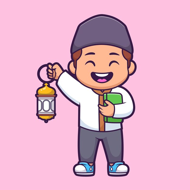 Chico lindo musulmán con linterna y libro dibujos animados icono vectorial ilustración gente religión aislada