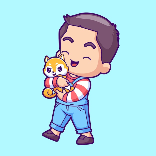 Chico lindo sosteniendo Shiba Inu Perro dibujos animados Icono vectorial Ilustración Gente Icono animal aislado Plano